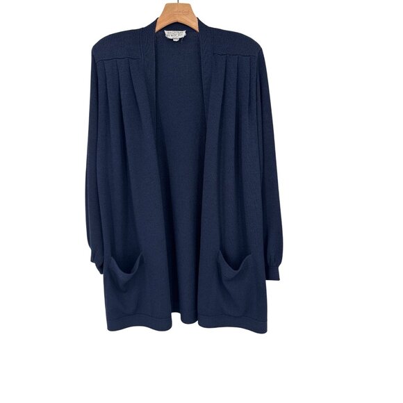 ST JOHN Marie Gray Satana Knit Long Open Cardigan Pocket Navy Sweater Size S USA - Picture 1 of 6